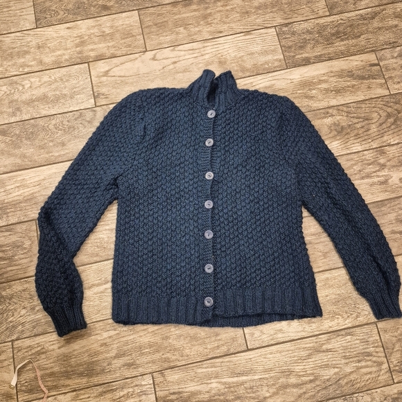 Sweaters - Artisan Knit Blue Popcorn Cardigan Sweater Chunky Mock Neck Whimsigoth Medium